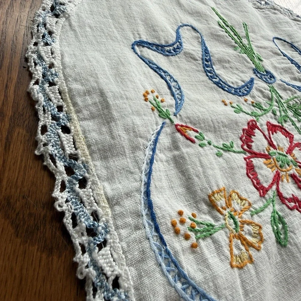 Vtg Hand-Embroidered Floral Linen Table Runner With Lace Tatted Edging 36